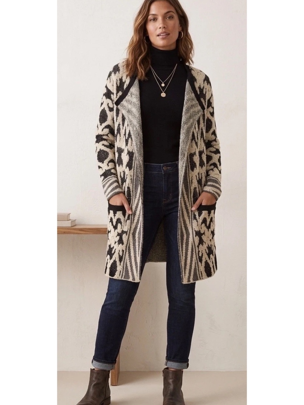 Lucky Brand Black & Cream Open-Front Geometric Cardigan